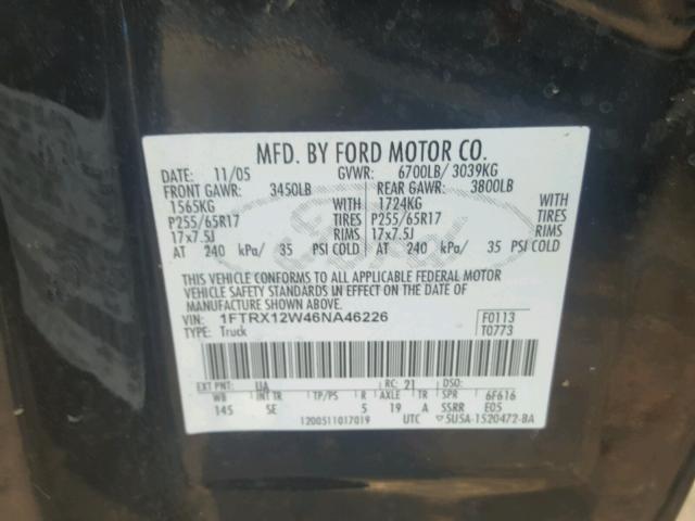 1FTRX12W46NA46226 - 2006 FORD F150 BLACK photo 10