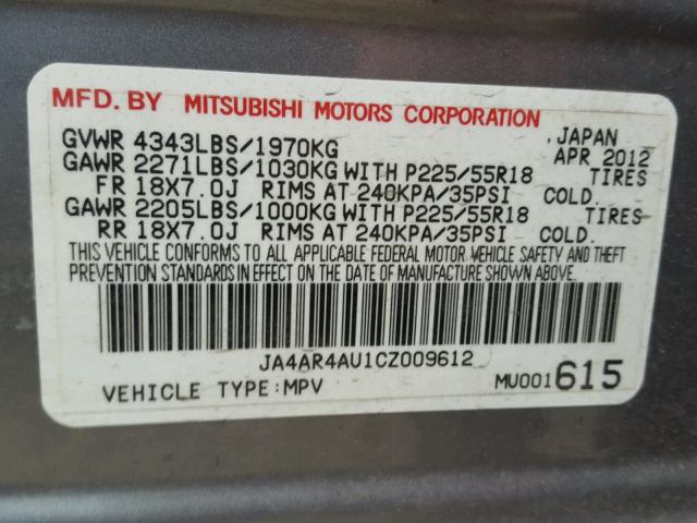 JA4AR4AU1CZ009612 - 2012 MITSUBISHI OUTLANDER GRAY photo 10