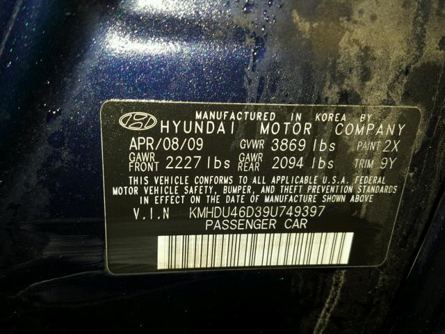 KMHDU46D39U749397 - 2009 HYUNDAI ELANTRA GL BLUE photo 10