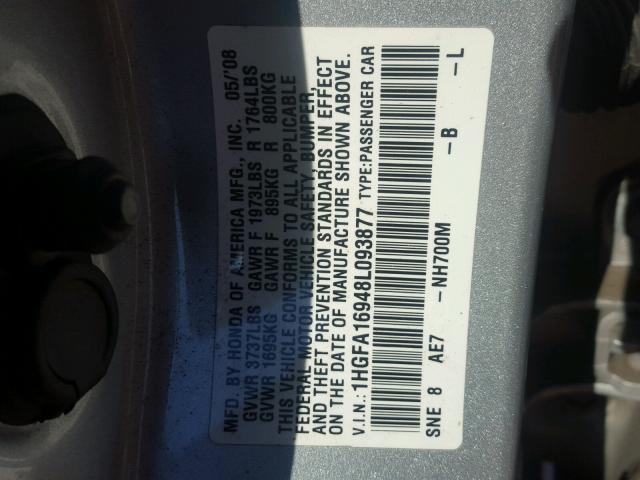 1HGFA16948L093877 - 2008 HONDA CIVIC EXL SILVER photo 10