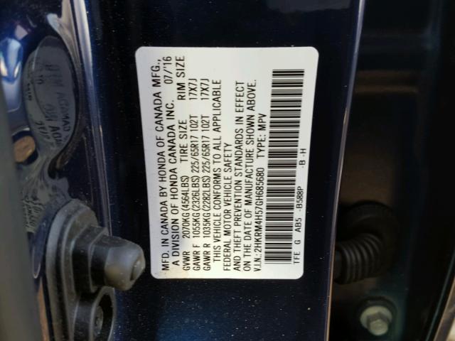 2HKRM4H57GH685680 - 2016 HONDA CR-V EX BLUE photo 10