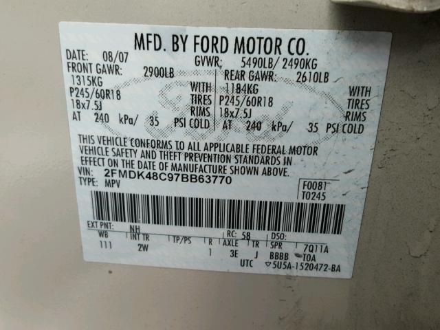 2FMDK48C97BB63770 - 2007 FORD EDGE SEL WHITE photo 10