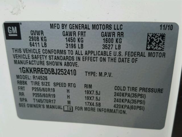 1GKKRRED5BJ252410 - 2011 GMC ACADIA SLT თეთრი ფოტო 10