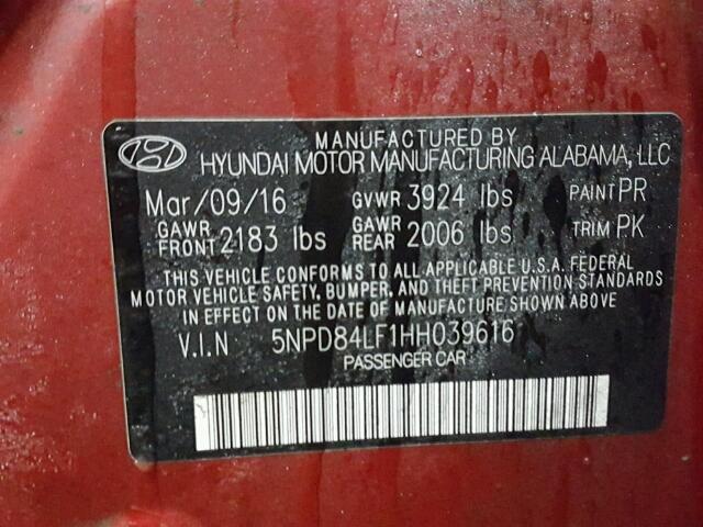 5NPD84LF1HH039616 - 2017 HYUNDAI ELANTRA RED photo 10