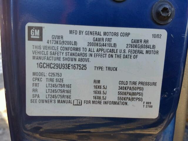 1GCHC29U93E167525 - 2003 CHEVROLET SILVERADO BLUE photo 10