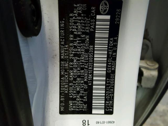 4T1BK1EB2EU095398 - 2014 TOYOTA AVALON BAS WHITE photo 10