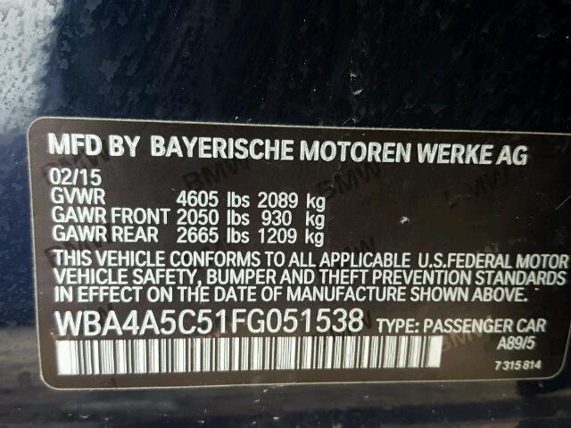 WBA4A5C51FG051538 - 2015 BMW 428 I BLUE photo 10