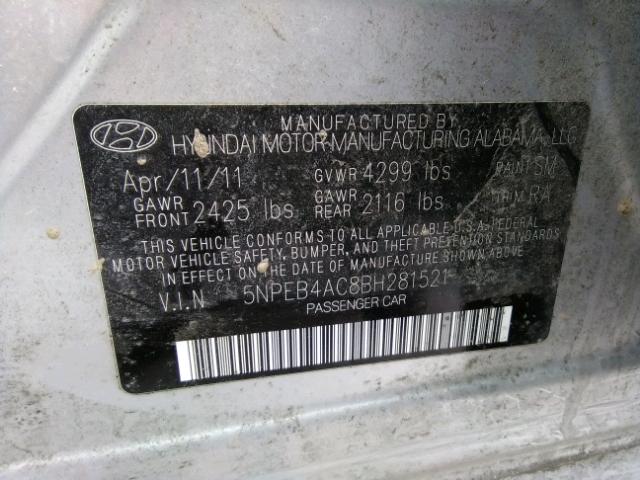 5NPEB4AC8BH281521 - 2011 HYUNDAI SONATA GLS SILVER photo 10