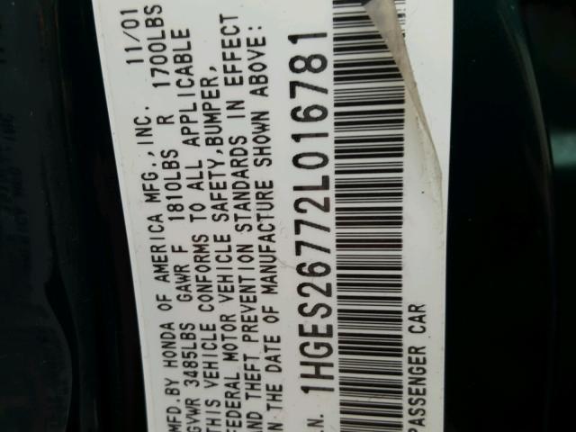 1HGES26772L016781 - 2002 HONDA CIVIC EX მწვანე ფოტო 10