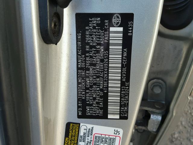 4T1BE32KX4U926135 - 2004 TOYOTA CAMRY LE SILVER photo 10