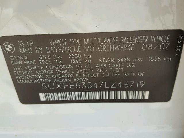 5UXFE83547LZ45719 - 2007 BMW X5 4.8I WHITE photo 10