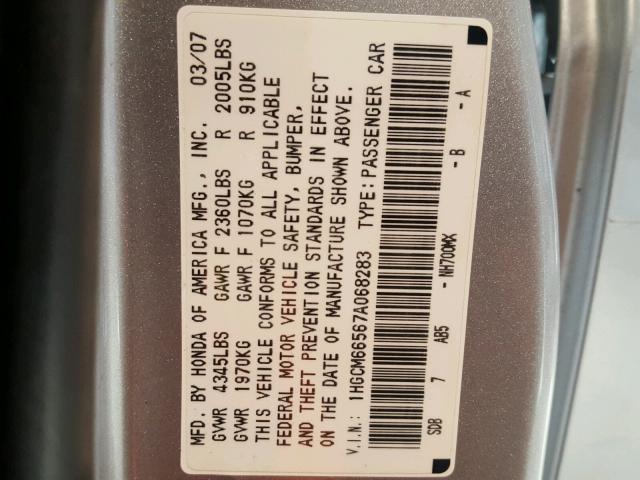 1HGCM66567A068283 - 2007 HONDA ACCORD EX SILVER photo 10