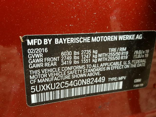 5UXKU2C54G0N82449 - 2016 BMW X6 XDRIVE3 RED photo 10