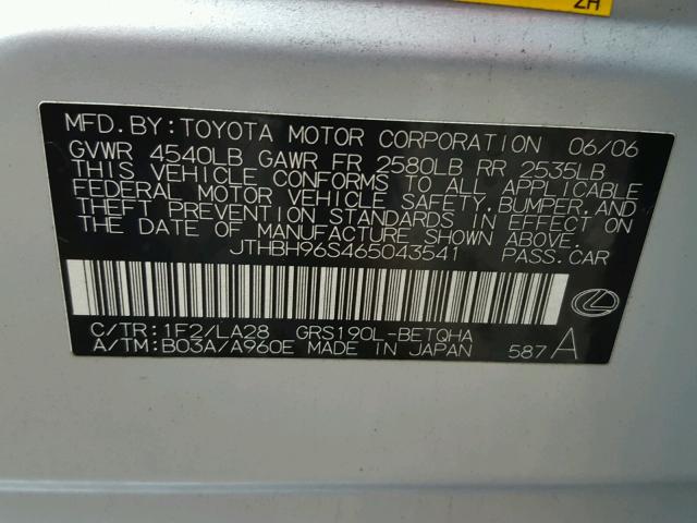 JTHBH96S465043541 - 2006 LEXUS GS GENERAT SILVER photo 10