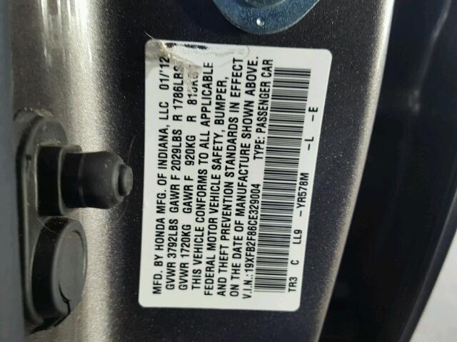 19XFB2F86CE329004 - 2012 HONDA CIVIC EX გრაფიტი ფოტო 10