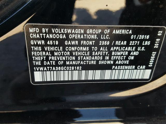 1VWAT7A36GC028162 - 2016 VOLKSWAGEN PASSAT S CHARCOAL photo 10