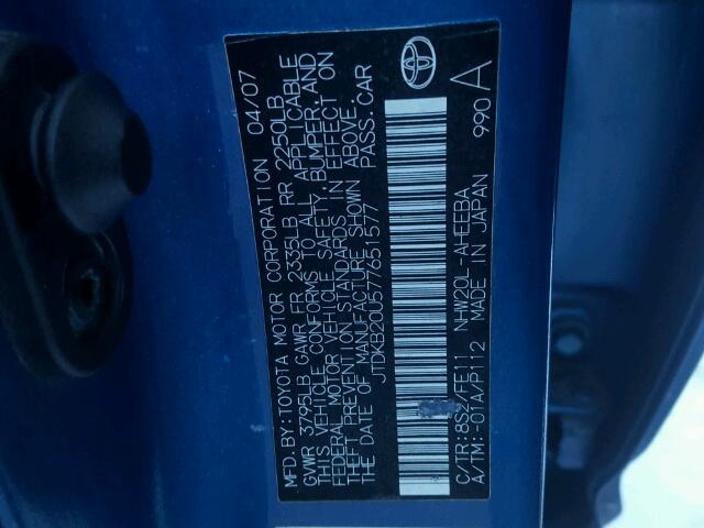 JTDKB20U577651577 - 2007 TOYOTA PRIUS BLUE photo 10