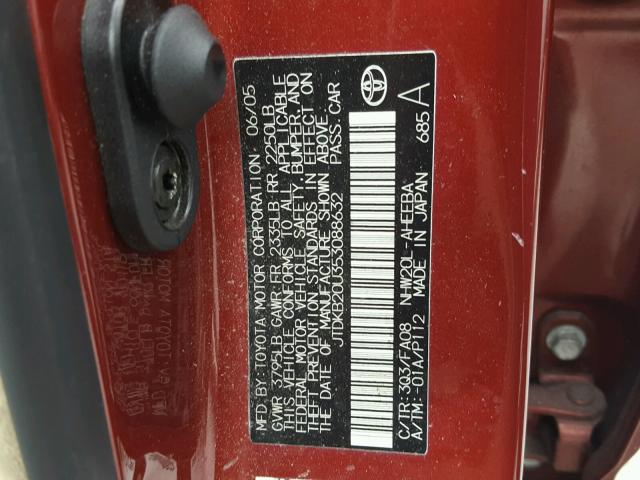 JTDKB20U353088632 - 2005 TOYOTA PRIUS RED photo 10