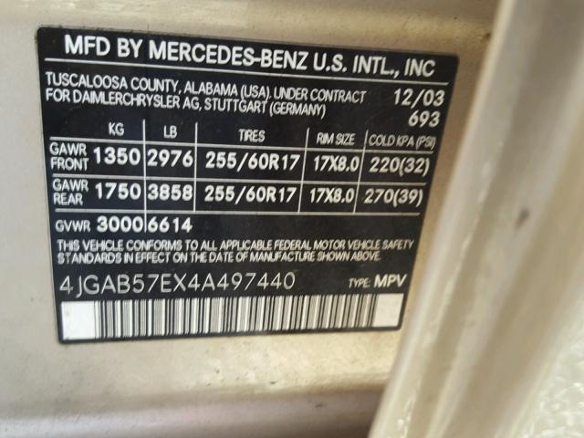 4JGAB57EX4A497440 - 2004 MERCEDES-BENZ ML 350 GOLD photo 10