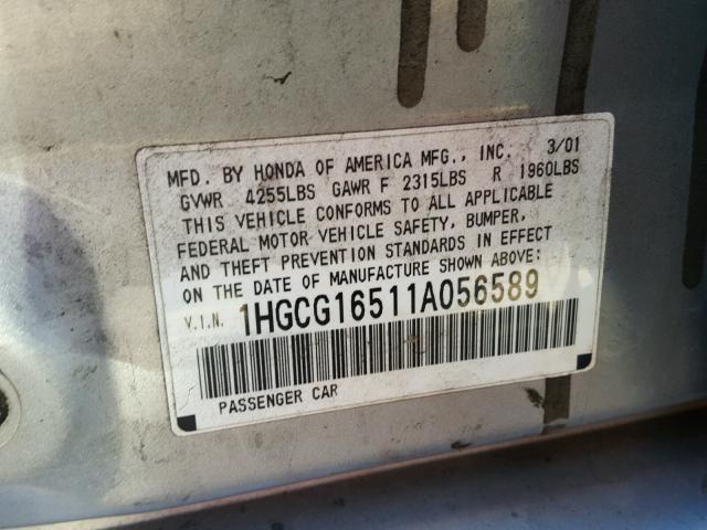 1HGCG16511A056589 - 2001 HONDA ACCORD EX SILVER photo 10