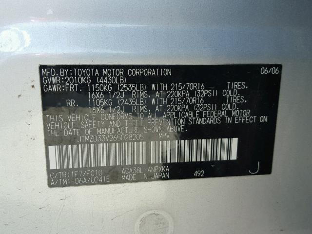 JTMZD33V265028205 - 2006 TOYOTA RAV4 SILVER photo 10