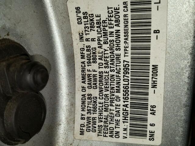 1HGFA16566L079957 - 2006 HONDA CIVIC LX SILVER photo 10