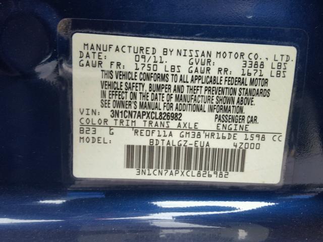 3N1CN7APXCL826982 - 2012 NISSAN VERSA S BLUE photo 10