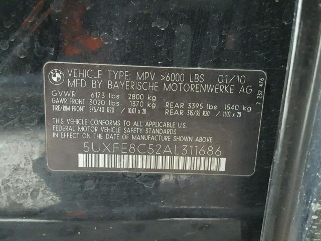 5UXFE8C52AL311686 - 2010 BMW X5 XDRIVE4 Siyah fotoğraf 10