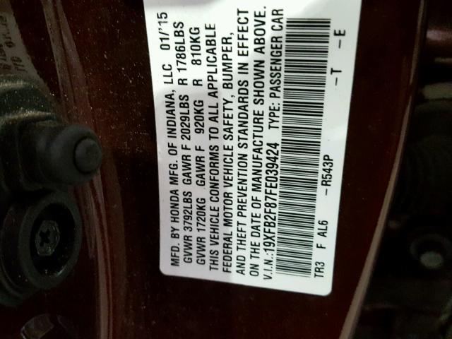 19XFB2F87FE039424 - 2015 HONDA CIVIC EX ბურგუნდია ფოტო 10