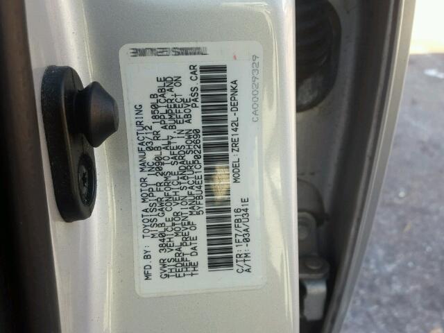 5YFBU4EE1CP022690 - 2012 TOYOTA COROLLA BA SILVER photo 10