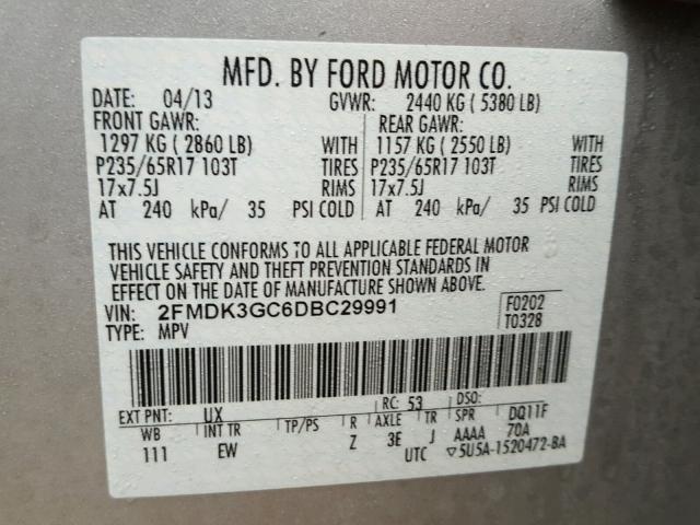 2FMDK3GC6DBC29991 - 2013 FORD EDGE SE SILVER photo 10