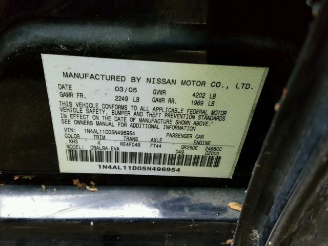 1N4AL11D05N496954 - 2005 NISSAN ALTIMA S BLACK photo 10