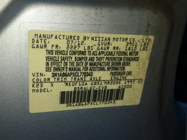 3N1AB6APXCL770343 - 2012 NISSAN SENTRA 2.0 GRAY photo 10