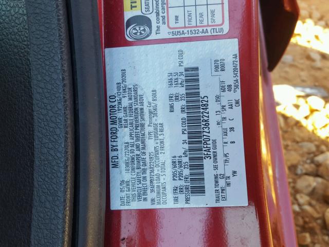 3FAFP07Z36R224825 - 2006 FORD FUSION SE RED photo 10