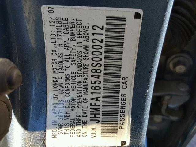 JHMFA16548S000212 - 2008 HONDA CIVIC LX BLUE photo 10