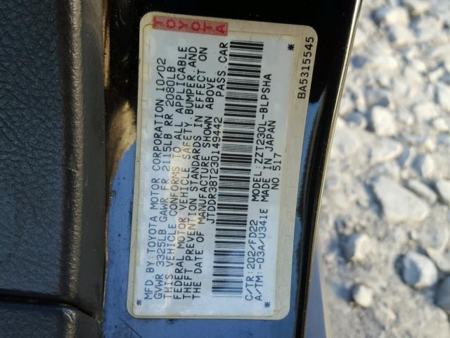 JTDDR38T230149442 - 2003 TOYOTA CELICA GT BLACK photo 10