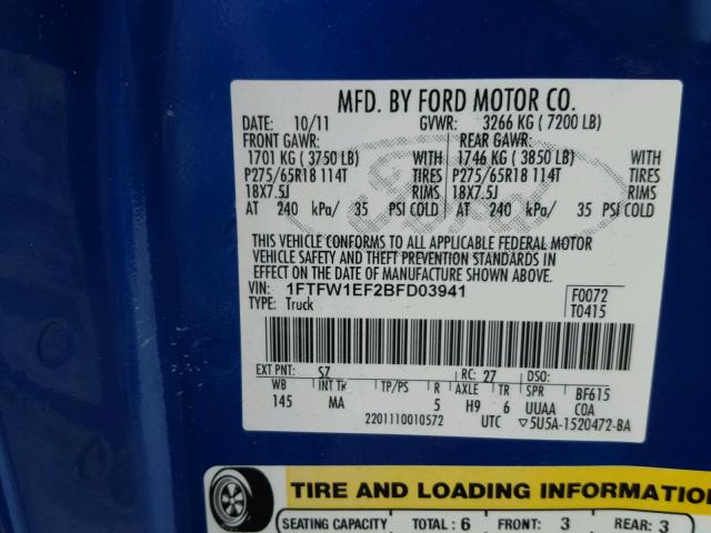 1FTFW1EF2BFD03941 - 2011 FORD F150 SUPER BLUE photo 10