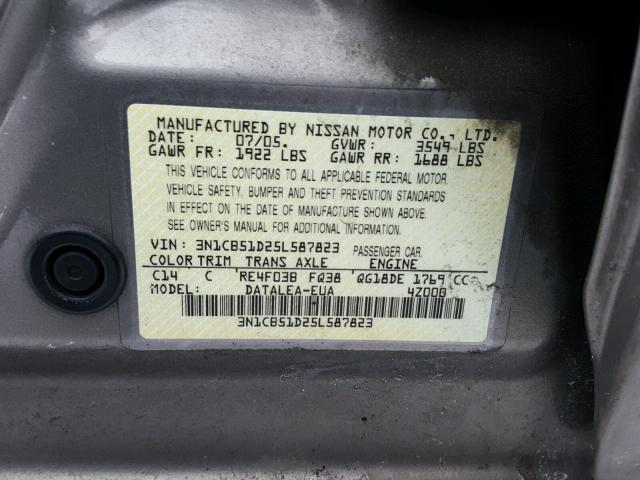 3N1CB51D25L587823 - 2005 NISSAN SENTRA 1.8 SILVER photo 10