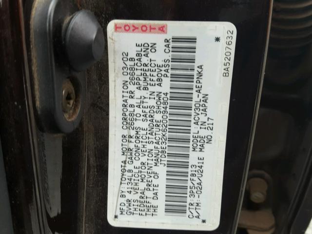 JTDBE32K620094804 - 2002 TOYOTA CAMRY LE PURPLE photo 10