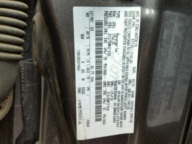 1FAHP3K23CL379163 - 2012 FORD FOCUS SE CHARCOAL photo 10
