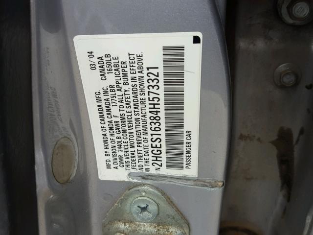 2HGES16384H573321 - 2004 HONDA CIVIC DX V SILVER photo 10