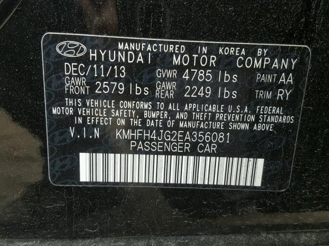 KMHFH4JG2EA356081 - 2014 HYUNDAI AZERA GLS BLACK photo 10