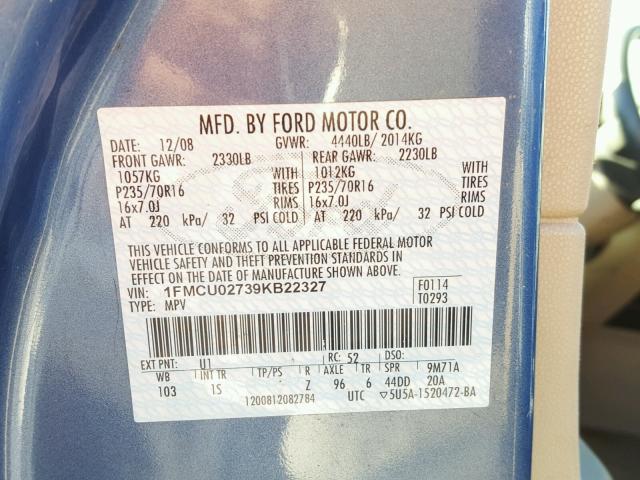 1FMCU02739KB22327 - 2009 FORD ESCAPE XLS BLUE photo 10