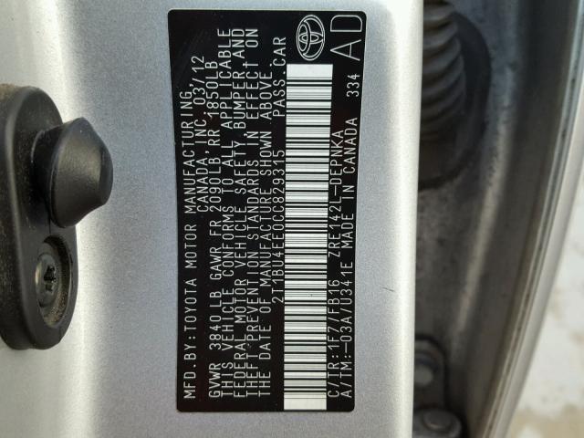 2T1BU4EE0CC829315 - 2012 TOYOTA COROLLA BA SILVER photo 10