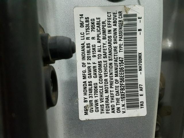 19XFB2F56EE061547 - 2014 HONDA CIVIC LX SILVER photo 10