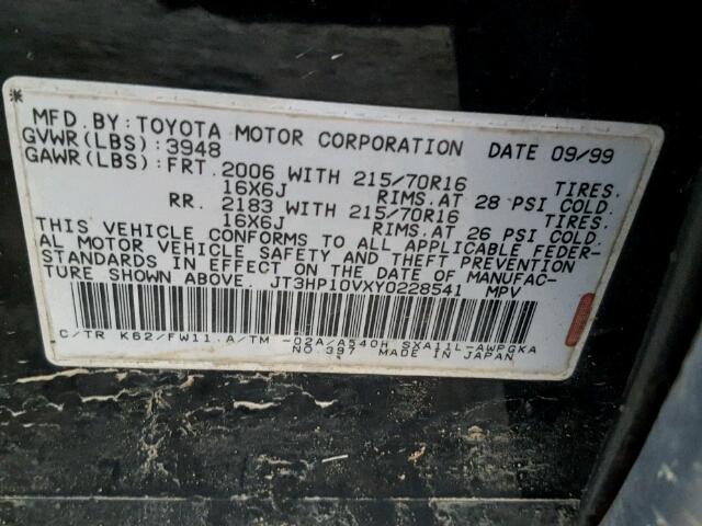 JT3HP10VXY0228541 - 2000 TOYOTA RAV4 BLACK photo 10