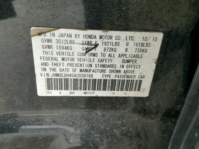 JHMGE8H45AC039168 - 2010 HONDA FIT SPORT BLACK photo 10