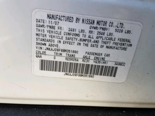 JNKAJ09F98M351890 - 2008 INFINITI EX35 BASE WHITE photo 10