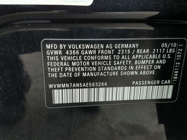 WVWMN7AN5AE563264 - 2010 VOLKSWAGEN CC SPORT BLACK photo 10