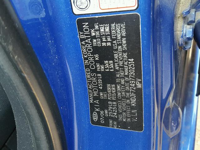 KNDJF724977302514 - 2007 KIA SPORTAGE L BLUE photo 10